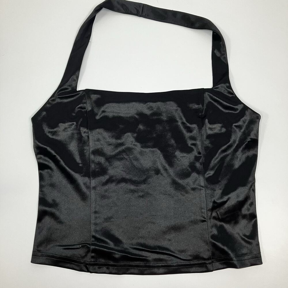 Forever 21 Black Satin Halter Crop Top Women's Size L Large NWT